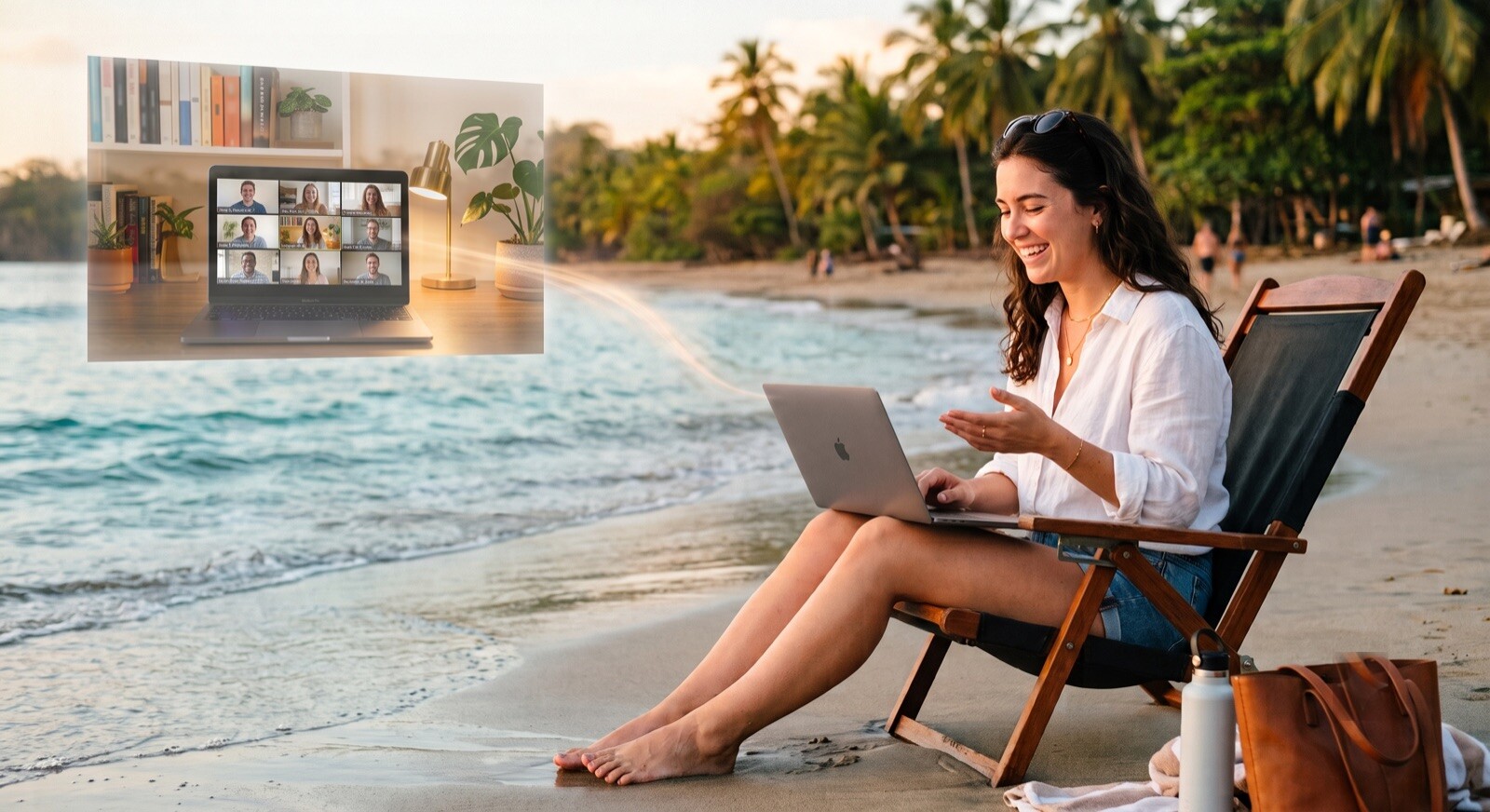 A woman on a video call from the beach. Her camera, mic, and the real meeting run on her Mac back home, linked to her laptop.